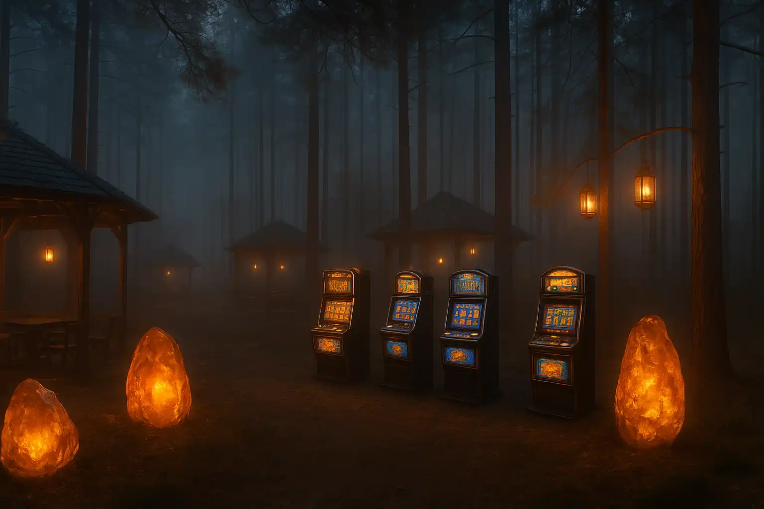 Bursztynowy las kasyna WildzyKasyno o zmierzchu z lampionami i automatami